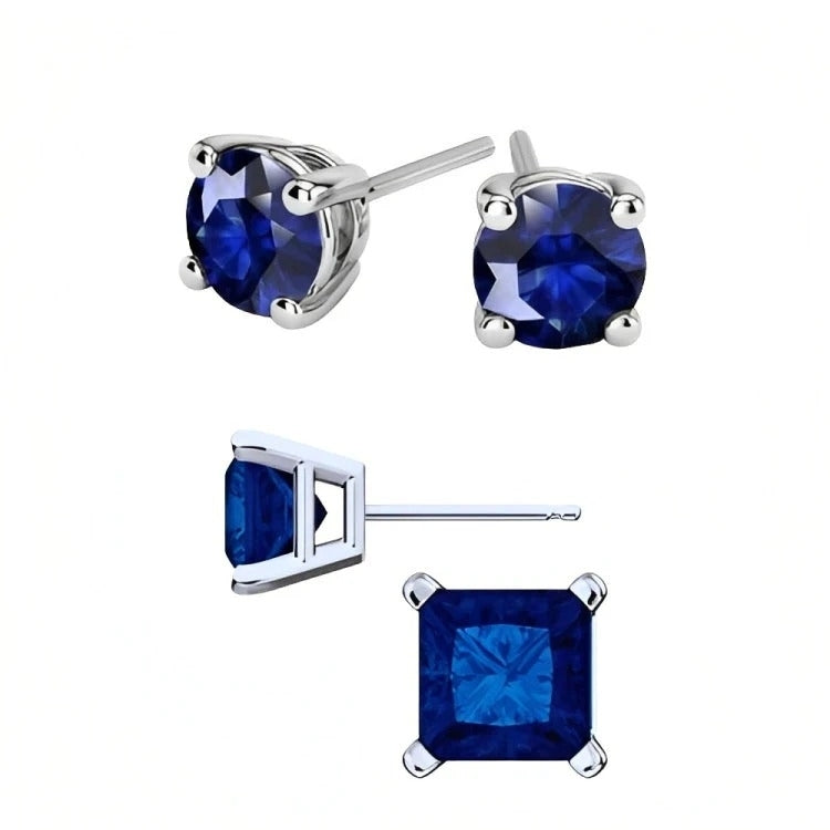 Paris Jewelry 18k White Gold 2 Pair Created Blue Sapphire 4mm 6mm Round and Princess Cut Stud Earrings Plated Image 2