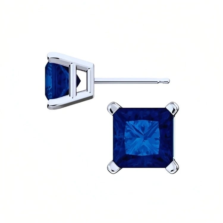 Paris Jewelry 18k White Gold 2 Pair Created Blue Sapphire 4mm 6mm Round and Princess Cut Stud Earrings Plated Image 4
