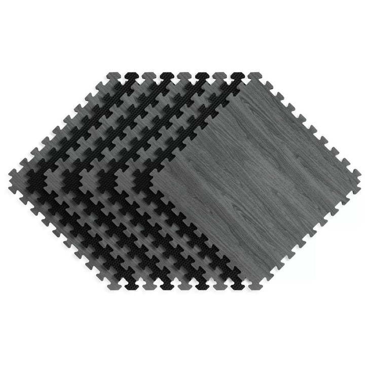 Norsk 25" x 25" Reversible Foam Flooring Gray Wood and Black 9 Tiles Image 3