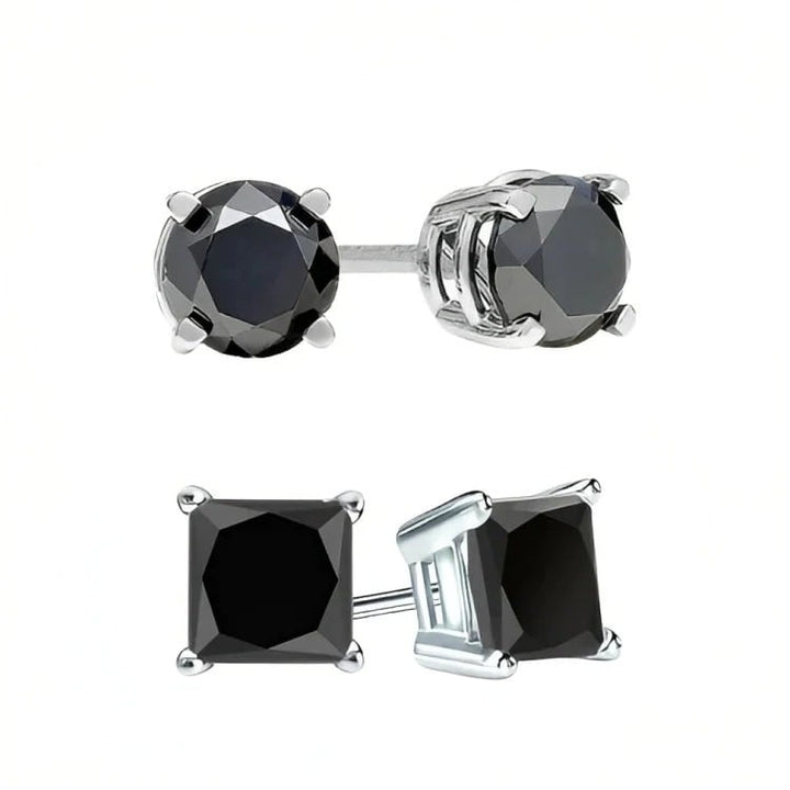 Paris Jewelry 18k White Gold 2 Pair Created Black Sapphire 4mm 6mm Round and Princess Cut Stud Earrings Plated Image 1