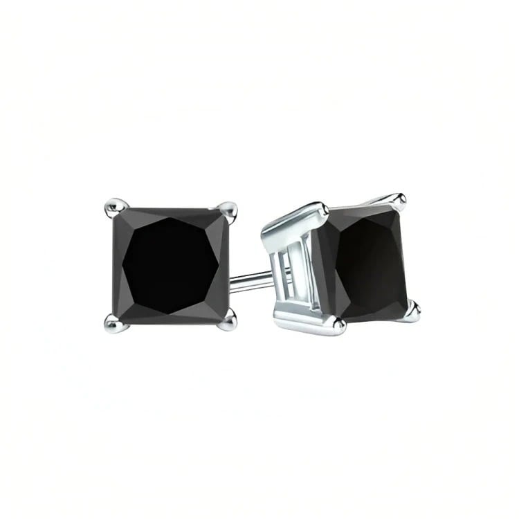 Paris Jewelry 18k White Gold 2 Pair Created Black Sapphire 4mm 6mm Round and Princess Cut Stud Earrings Plated Image 3