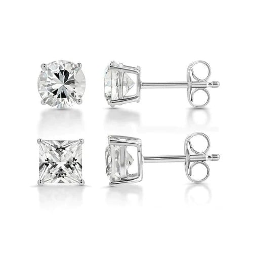 Paris Jewelry 18k White Gold 2 Pair Created White Sapphire 4mm 6mm Round and Princess Cut Stud Earrings Plated Image 1