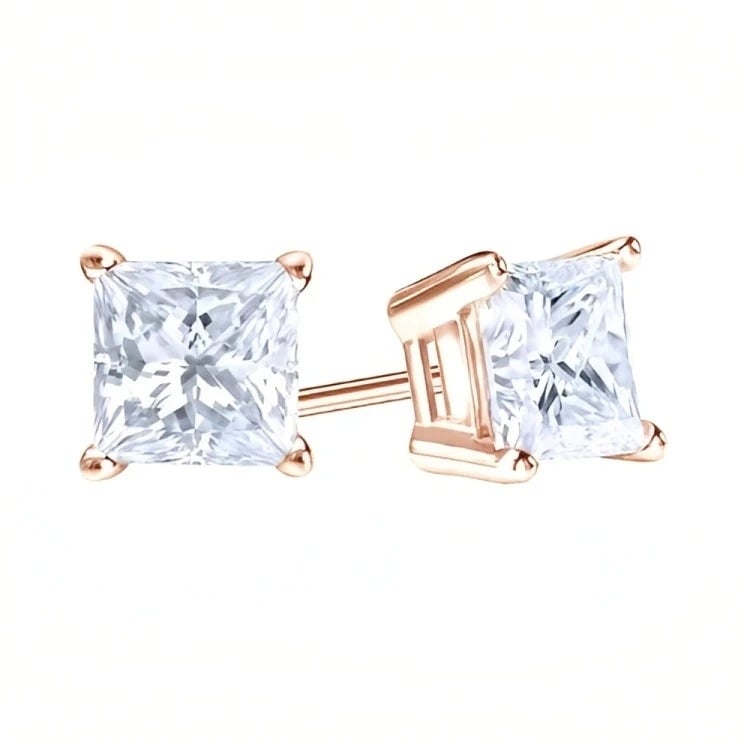Paris Jewelry 18k Rose Gold 2 Pair Created White Sapphire 4mm 6mm Round and Princess Cut Stud Earrings Plated Image 4