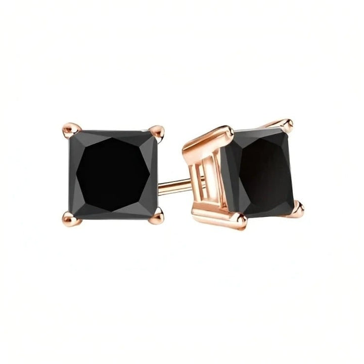 Paris Jewelry 18k Rose Gold 2 Pair Created Black Sapphire 4mm 6mm Round and Princess Cut Stud Earrings Plated Image 3