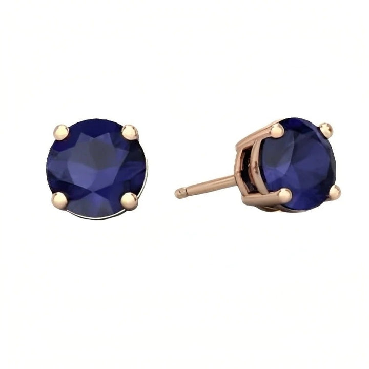 Paris Jewelry 18k Rose Gold 2 Pair Created Blue Sapphire 4mm 6mm Round and Princess Cut Stud Earrings Plated Image 2