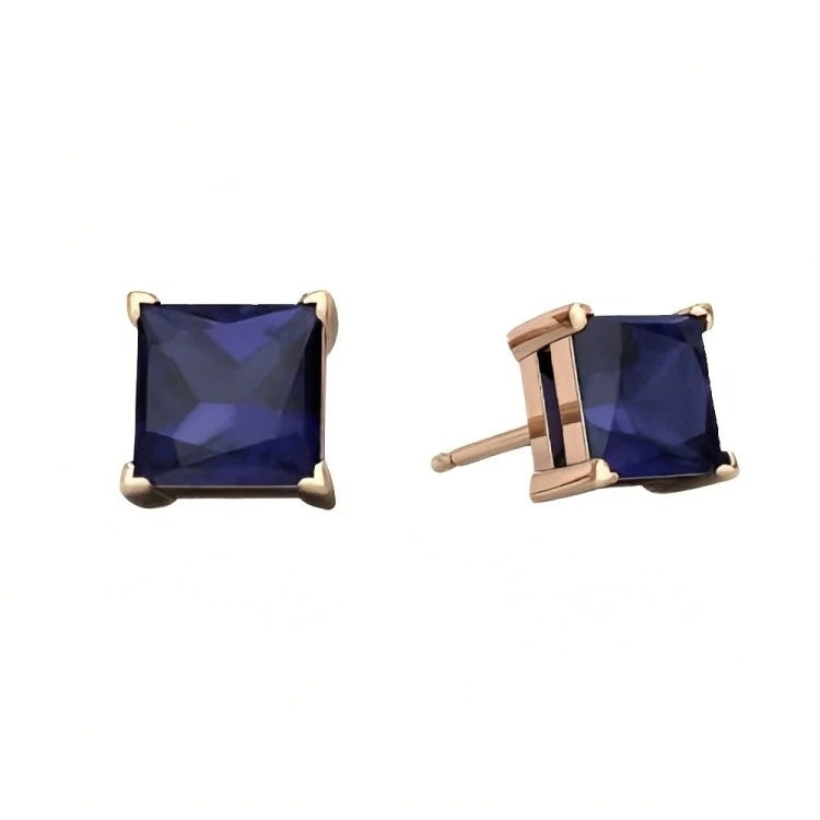 Paris Jewelry 18k Rose Gold 2 Pair Created Blue Sapphire 4mm 6mm Round and Princess Cut Stud Earrings Plated Image 3