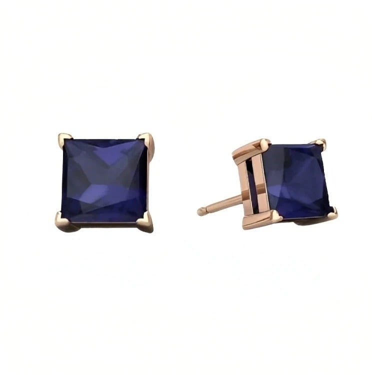 Paris Jewelry 18k Rose Gold 2 Pair Created Blue Sapphire 4mm 6mm Round and Princess Cut Stud Earrings Plated Image 4