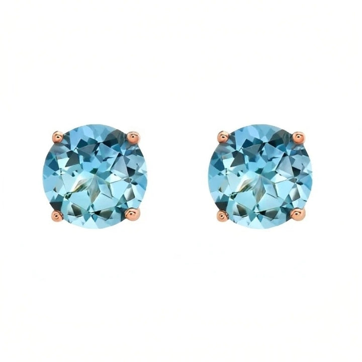 Paris Jewelry 18k Rose Gold 2 Pair Created Blue Topaz 4mm 6mm Round and Princess Cut Stud Earrings Plated Image 2