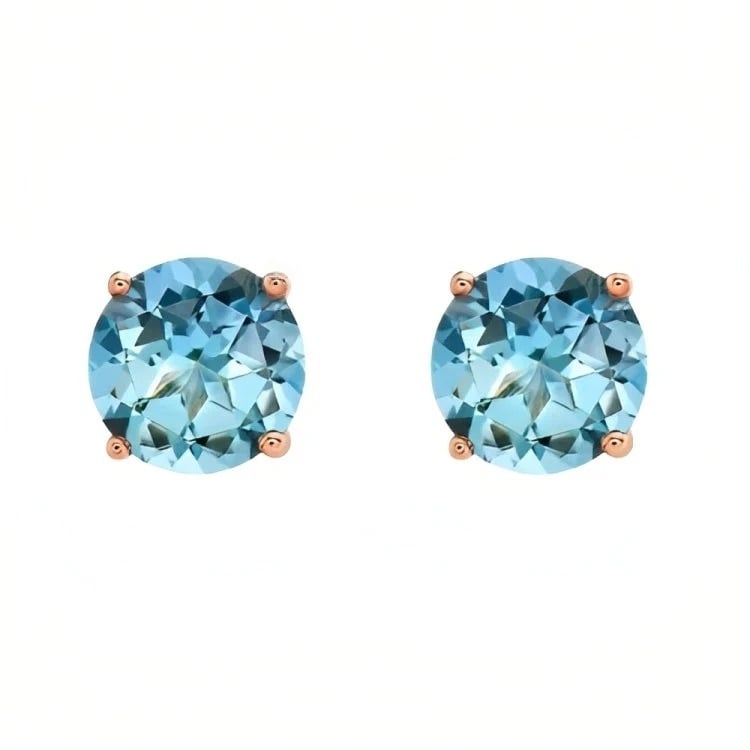 Paris Jewelry 18k Rose Gold 2 Pair Created Blue Topaz 4mm 6mm Round and Princess Cut Stud Earrings Plated Image 1