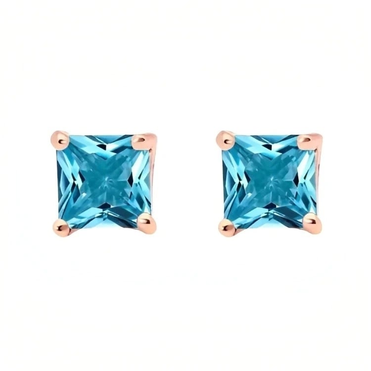 Paris Jewelry 18k Rose Gold 2 Pair Created Blue Topaz 4mm 6mm Round and Princess Cut Stud Earrings Plated Image 4