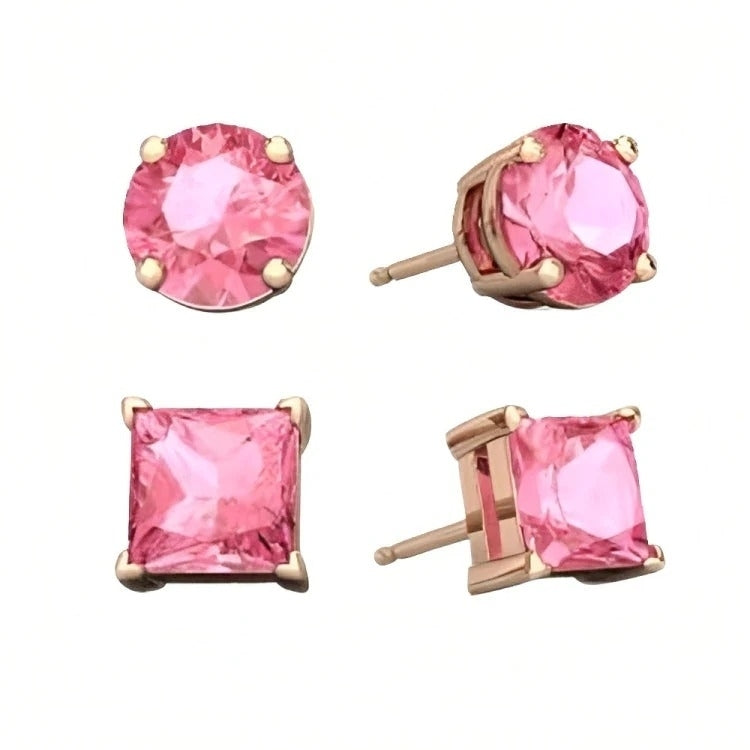 Paris Jewelry 18k Rose Gold 2 Pair Created Pink Sapphire 4mm 6mm Round and Princess Cut Stud Earrings Plated Image 1
