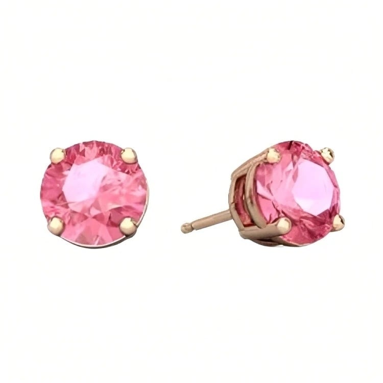 Paris Jewelry 18k Rose Gold 2 Pair Created Pink Sapphire 4mm 6mm Round and Princess Cut Stud Earrings Plated Image 2