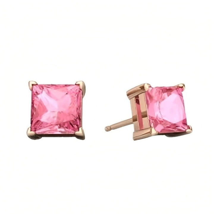 Paris Jewelry 18k Rose Gold 2 Pair Created Pink Sapphire 4mm 6mm Round and Princess Cut Stud Earrings Plated Image 3