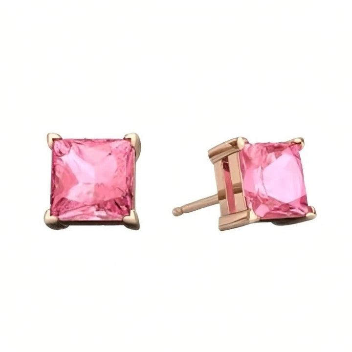 Paris Jewelry 18k Rose Gold 2 Pair Created Pink Sapphire 4mm 6mm Round and Princess Cut Stud Earrings Plated Image 4