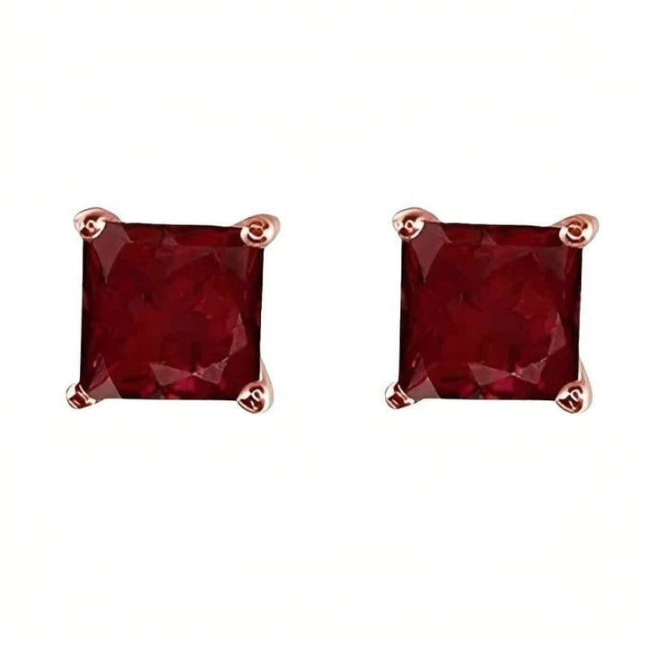 Paris Jewelry 18k Rose Gold 2 Pair Created Ruby 4mm 6mm Round and Princess Cut Stud Earrings Plated Image 4