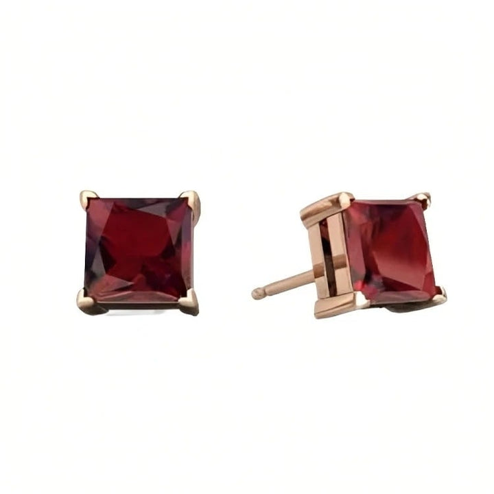 Paris Jewelry 18k Rose Gold 2 Pair Created Garnet 4mm 6mm Round and Princess Cut Stud Earrings Plated Image 4