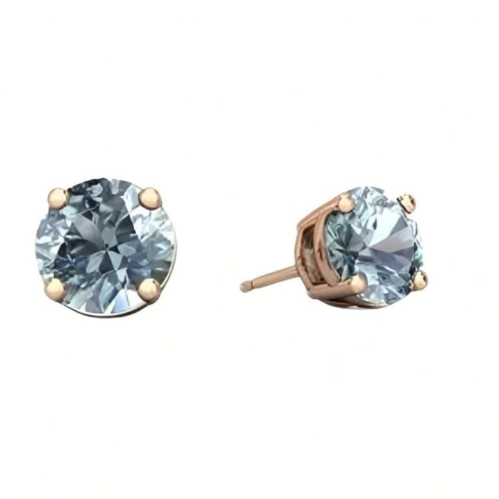 Paris Jewelry 18k Rose Gold 2 Pair Created Aquamarine 4mm 6mm Round and Princess Cut Stud Earrings Plated Image 4
