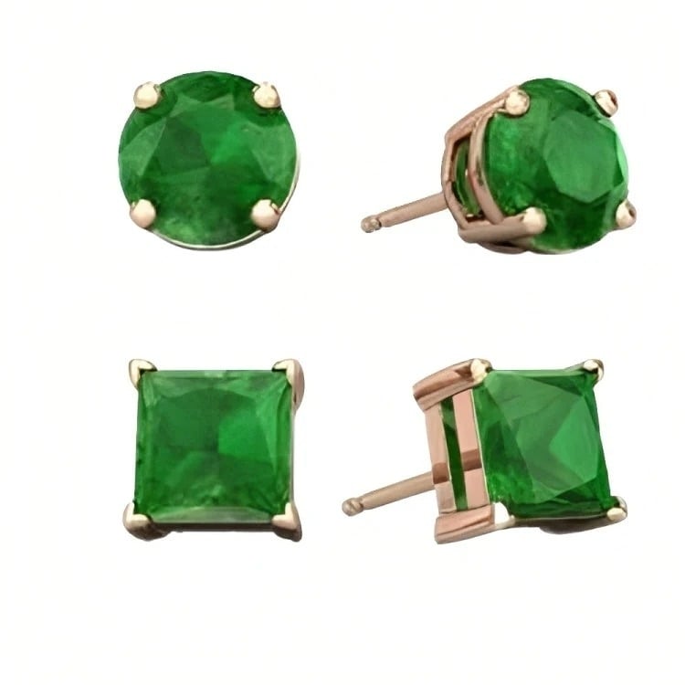 Paris Jewelry 18k Rose Gold 2 Pair Created Emerald 4mm 6mm Round and Princess Cut Stud Earrings Plated Image 1