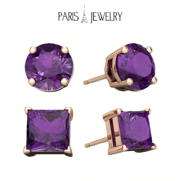 Paris Jewelry 18k Rose Gold 2 Pair Created Amethyst 4mm, 6mm Round & Princess Cut Stud Earrings Plated Image 1
