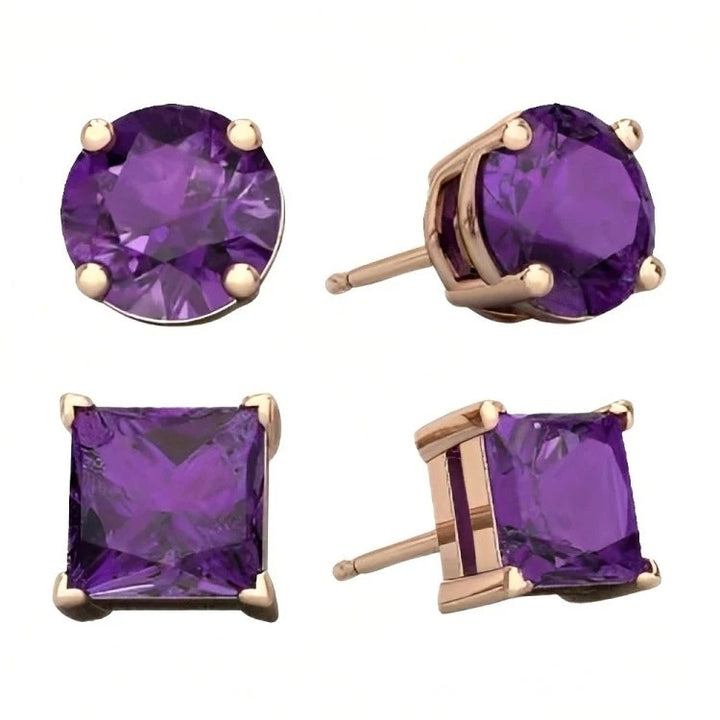 Paris Jewelry 18k Rose Gold 2 Pair Created Amethyst 4mm 6mm Round and Princess Cut Stud Earrings Plated Image 1