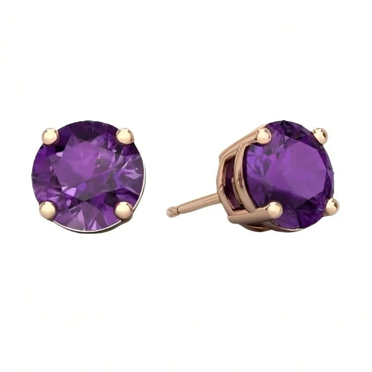 Paris Jewelry 18k Rose Gold 2 Pair Created Amethyst 4mm 6mm Round and Princess Cut Stud Earrings Plated Image 2
