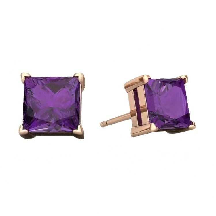 Paris Jewelry 18k Rose Gold 2 Pair Created Amethyst 4mm 6mm Round and Princess Cut Stud Earrings Plated Image 3