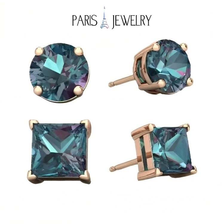 Paris Jewelry 18k Rose Gold 2 Pair Created Alexandrite 4mm, 6mm Round & Princess Cut Stud Earrings Plated Image 1