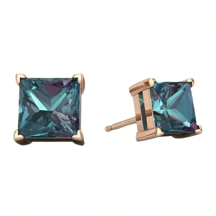 Paris Jewelry 18k Rose Gold 2 Pair Created Alexandrite 4mm 6mm Round and Princess Cut Stud Earrings Plated Image 3