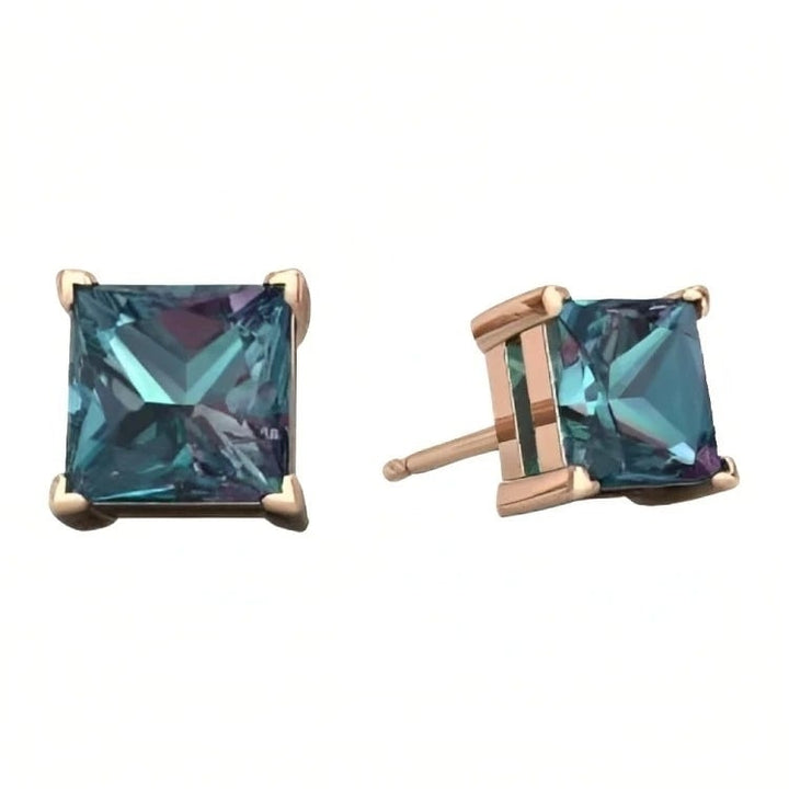 Paris Jewelry 18k Rose Gold 2 Pair Created Alexandrite 4mm 6mm Round and Princess Cut Stud Earrings Plated Image 4