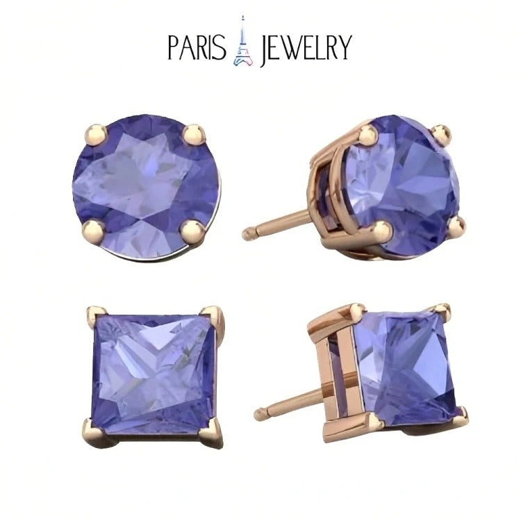 Paris Jewelry 18k Rose Gold 2 Pair Created Tanzanite 4mm, 6mm Round & Princess Cut Stud Earrings Plated Image 1