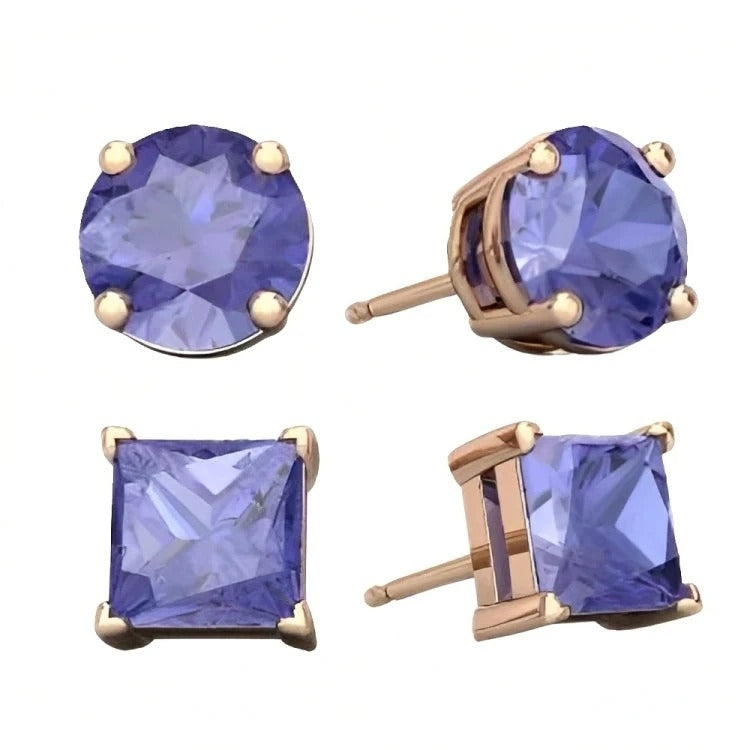 Paris Jewelry 18k Rose Gold 2 Pair Created Tanzanite 4mm 6mm Round and Princess Cut Stud Earrings Plated Image 1