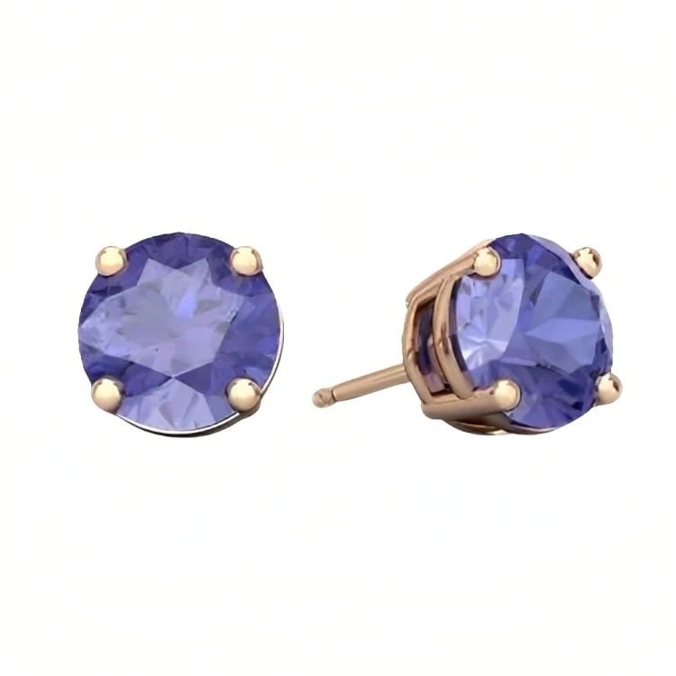 Paris Jewelry 18k Rose Gold 2 Pair Created Tanzanite 4mm 6mm Round and Princess Cut Stud Earrings Plated Image 2