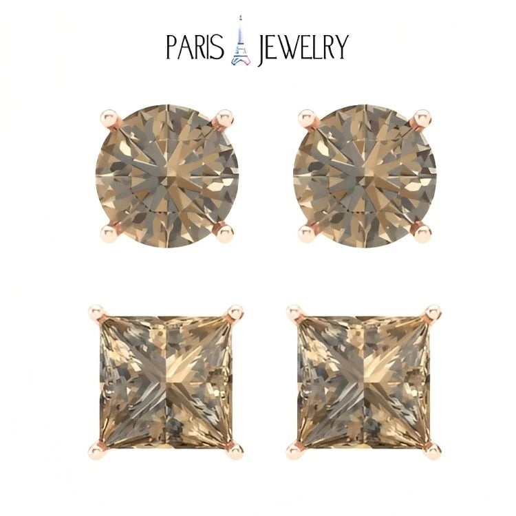 Paris Jewelry 18k Rose Gold 2 Pair Created Champagne 4mm, 6mm Round & Princess Cut Stud Earrings Plated Image 1