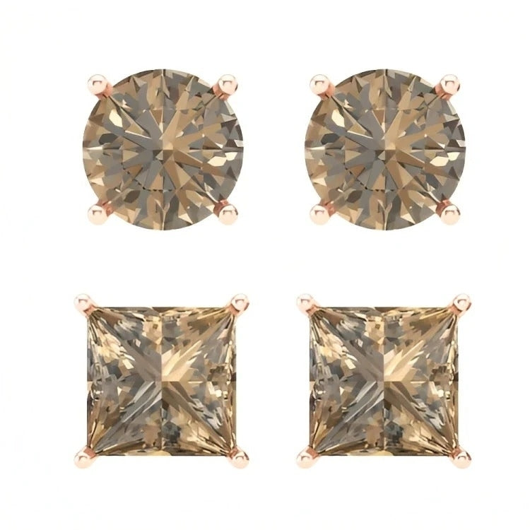 Paris Jewelry 18k Rose Gold 2 Pair Created Champagne 4mm, 6mm Round & Princess Cut Stud Earrings Plated Image 2