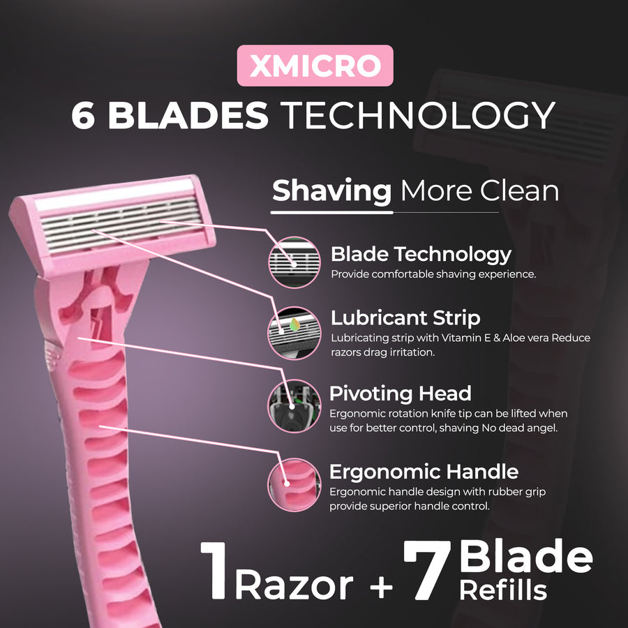 XMicro Pink Razors For Women, 1 Razor, 7 Blade Refills With German Stainless Steel, Lubricated With Vitamin E, Aloe For Image 1