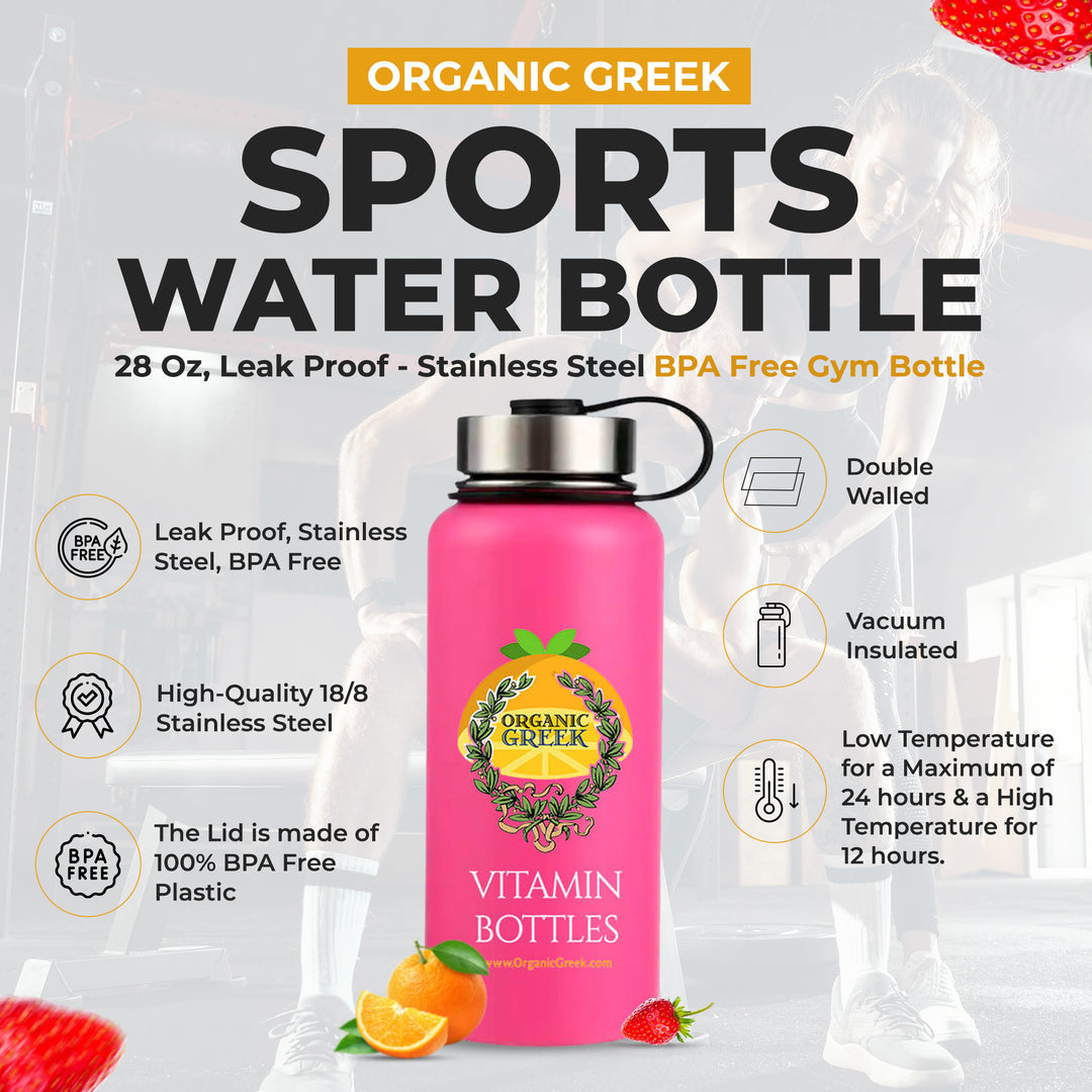 Organic Greek Sports Water Bottle - 28 Oz, Leak Proof - Pink Stainless Steel BPA Free Gym and Bottles For Men, Women and Image 1