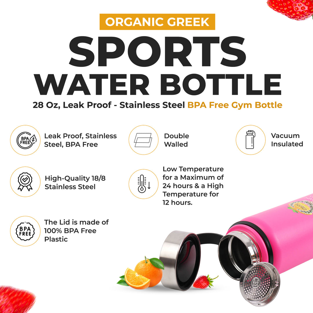 Organic Greek Sports Water Bottle - 28 Oz, Leak Proof - Pink Stainless Steel BPA Free Gym & Bottles For Men, Women & Image 2