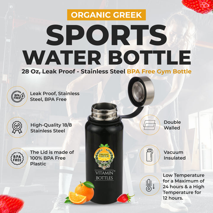 Organic Greek Sports Water Bottle - 28 Oz, Leak Proof - Black Stainless Steel BPA Free Gym & Bottles For Men, Women & Image 1