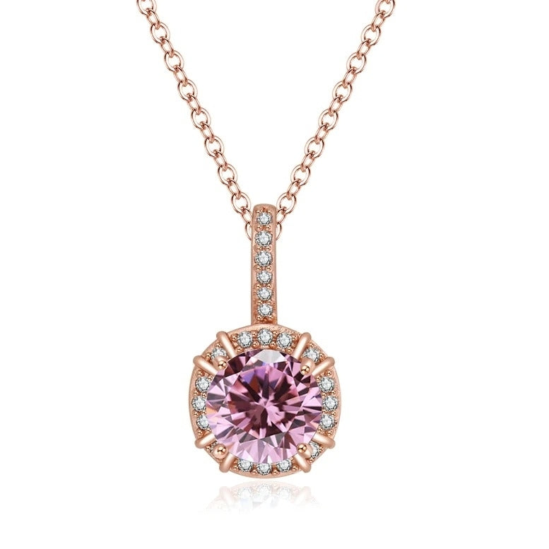 Paris Jewelry 18K Rose Gold 1ct Halo Pink Sapphire Round 18 Inch Necklace Plated Image 1