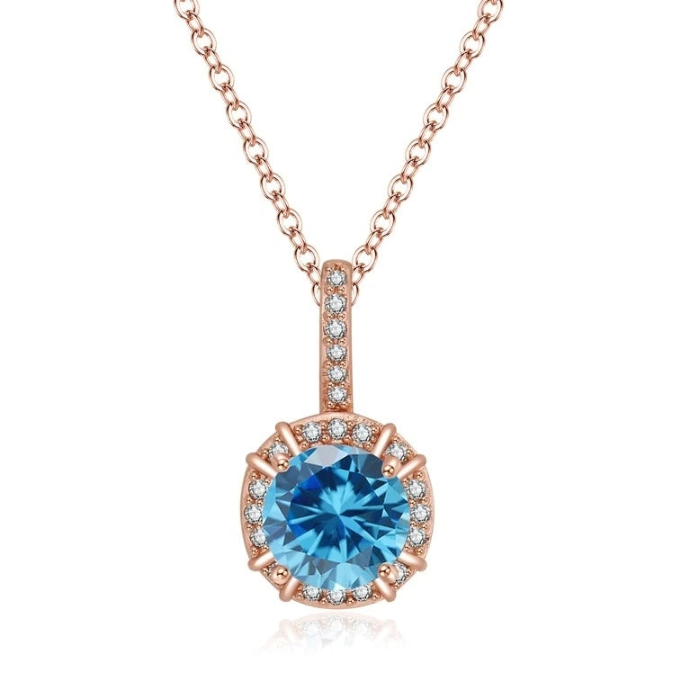 Paris Jewelry 18K Rose Gold 1ct Halo Blue Topaz Round 18 Inch Necklace Plated Image 1