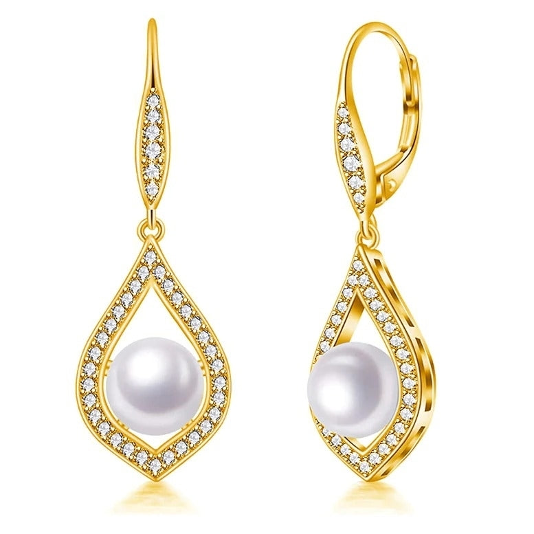 18K Yellow Gold Freshwater Lever Back Teardrop White Pearl 8mm With Created Sapphire Earrings Plated Image 1