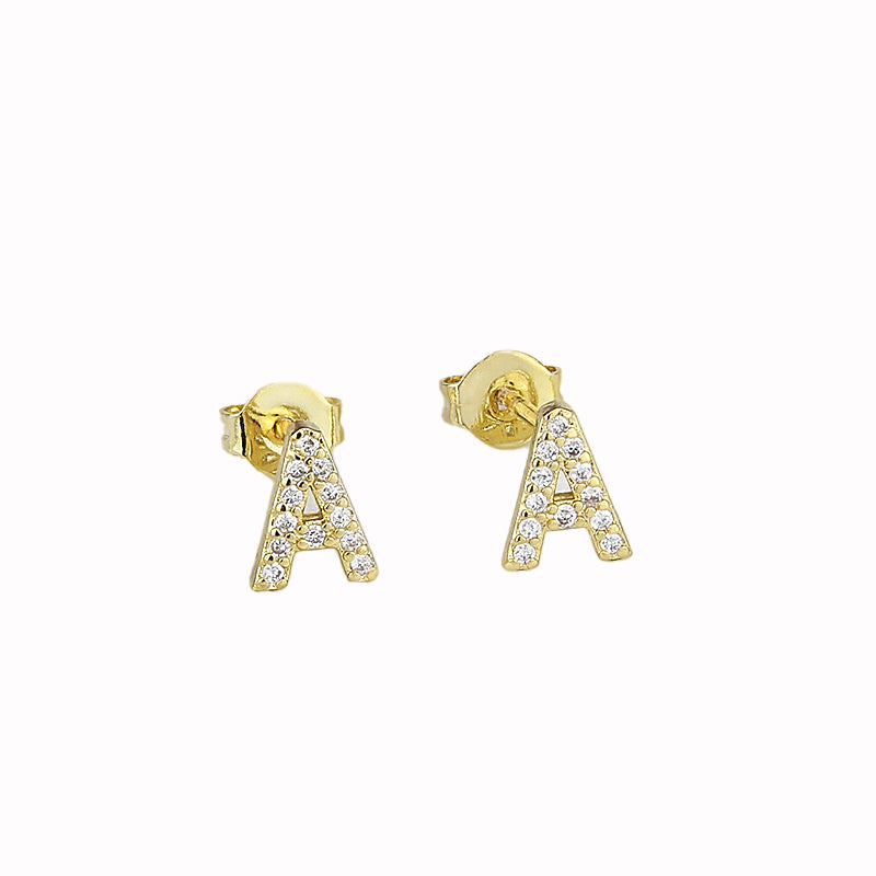 14k Yellow Gold Created White Sapphire Initial A Letter Stud Earrings Plated Image 1