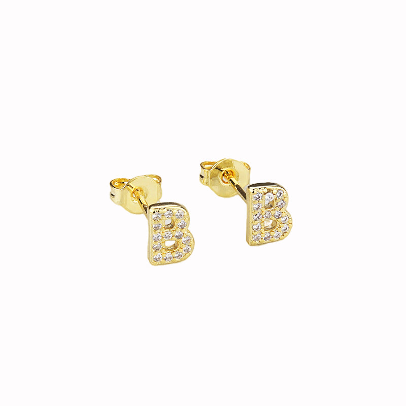 14k Yellow Gold Created White Sapphire Initial B Letter Stud Earrings Plated Image 1