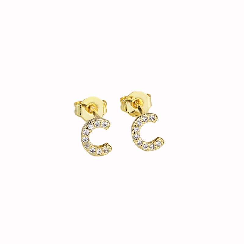 14k Yellow Gold Created White Sapphire Initial C Letter Stud Earrings Plated Image 1