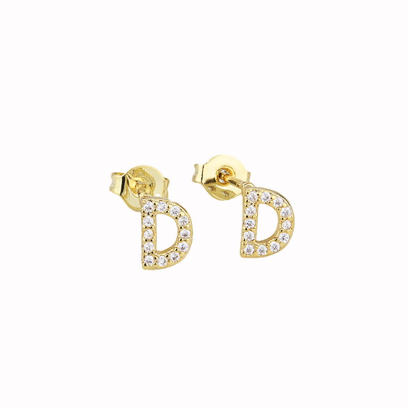 14k Yellow Gold Created White Sapphire Initial D Letter Stud Earrings Plated Image 1