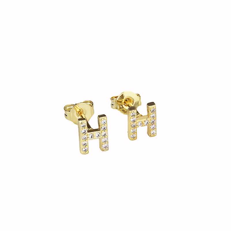 14k Yellow Gold Created White Sapphire Initial H Letter Stud Earrings Plated Image 1