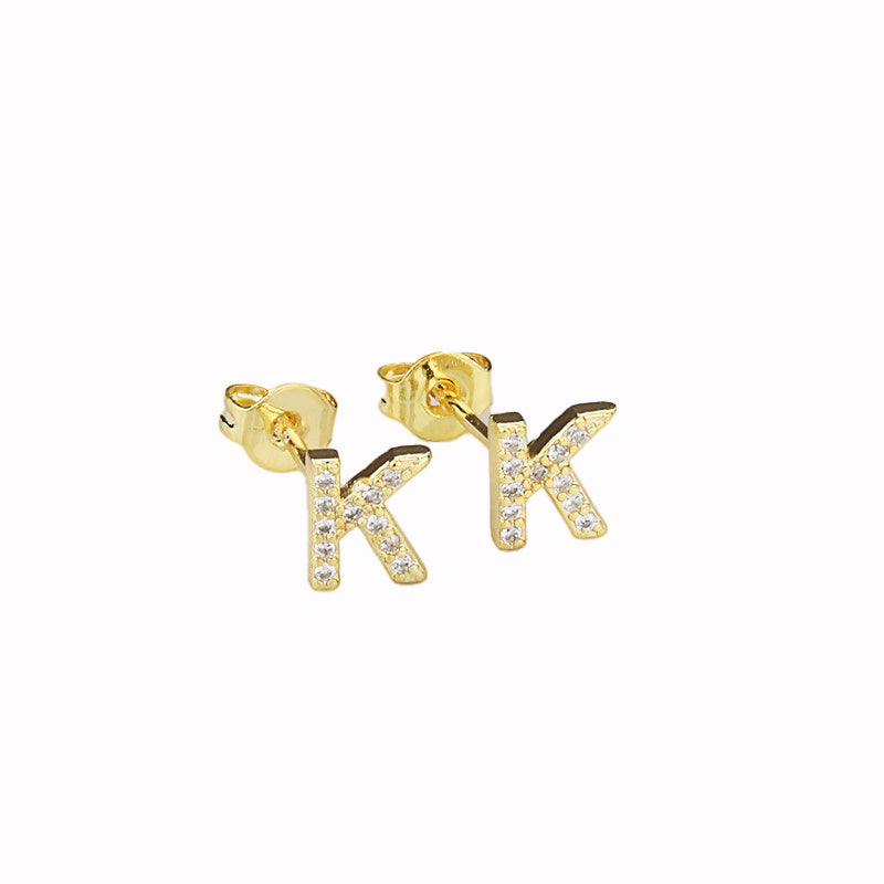14k Yellow Gold Created White Sapphire Initial K Letter Stud Earrings Plated Image 1