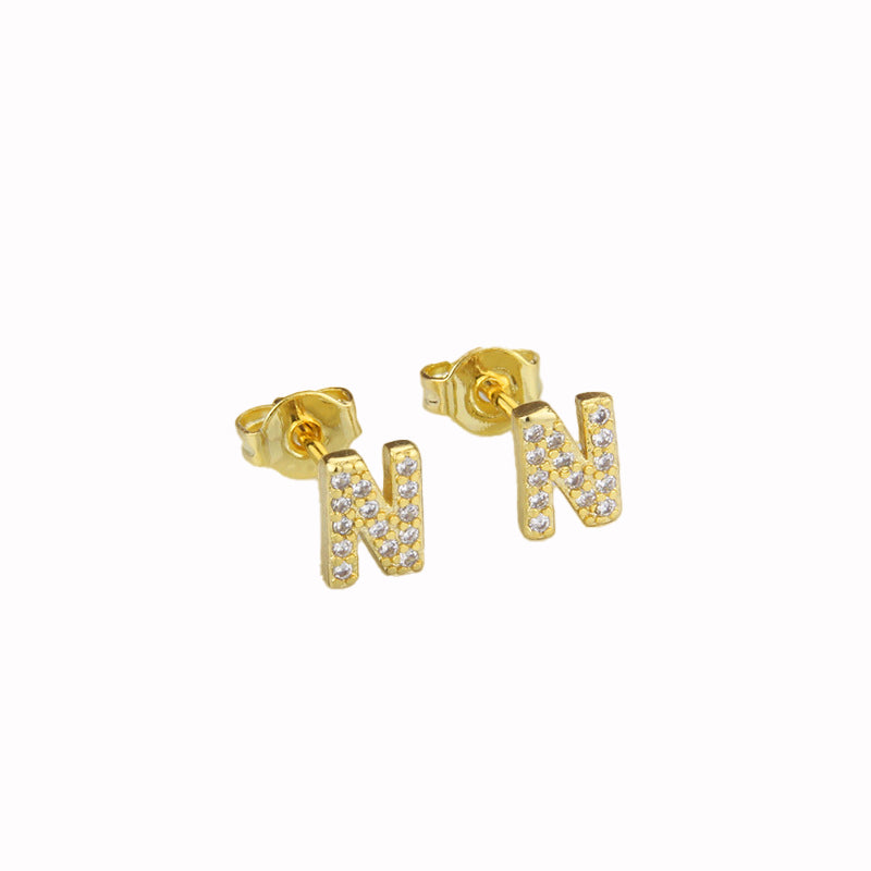 14k Yellow Gold Created White Sapphire Initial N Letter Stud Earrings Plated Image 1