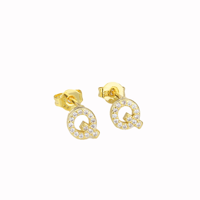 14k Yellow Gold Created White Sapphire Initial Q Letter Stud Earrings Plated Image 1