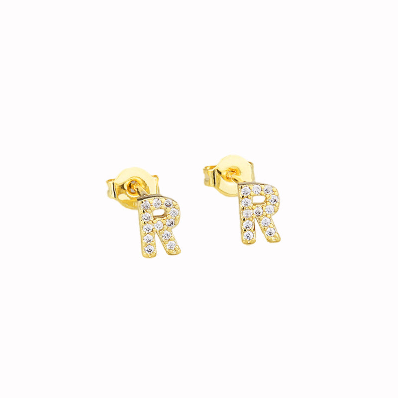 14k Yellow Gold Created White Sapphire Initial R Letter Stud Earrings Plated Image 1